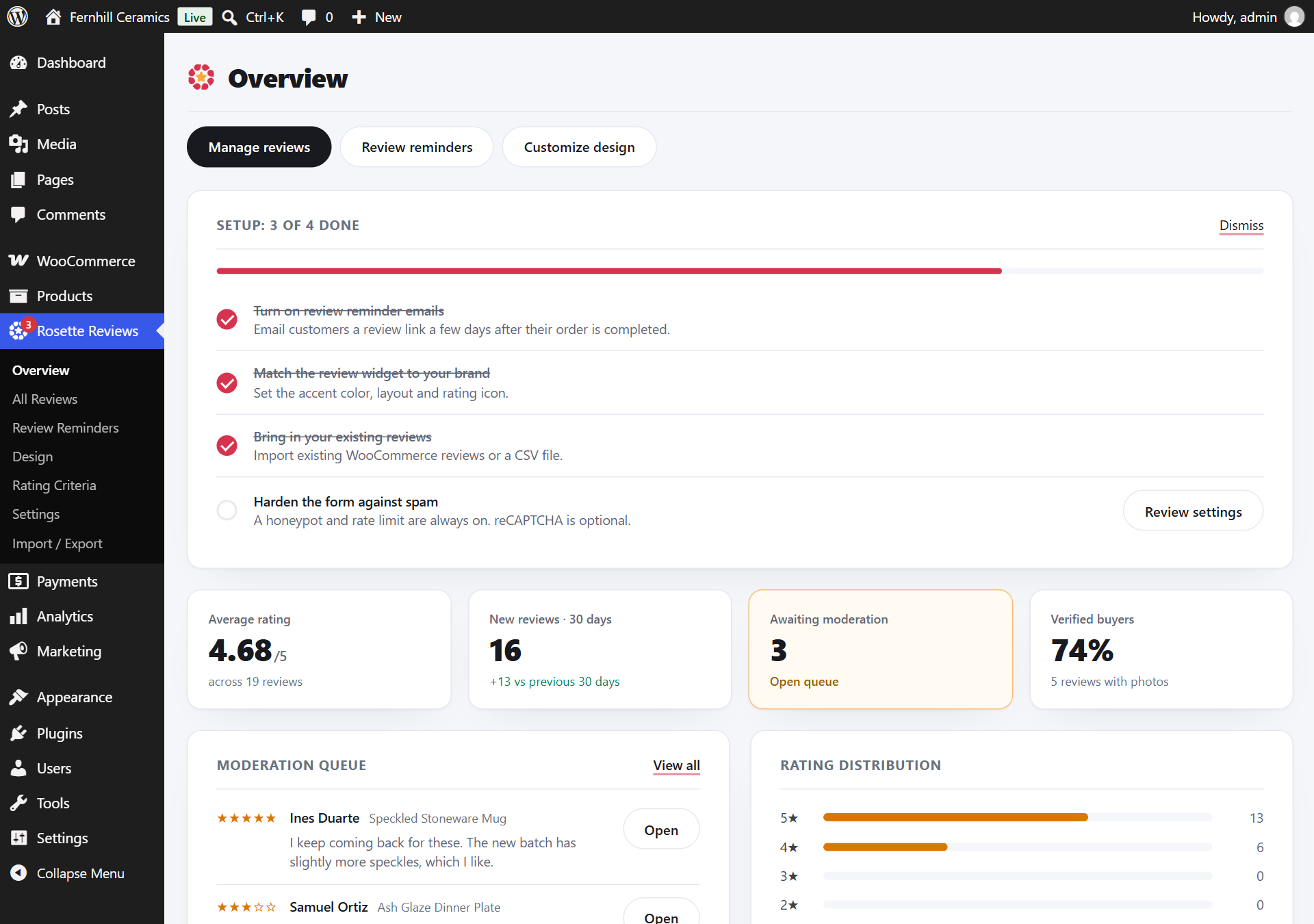 The Rosette Reviews Overview screen in wp-admin: a setup checklist with 3 of 4 steps done, cards for average rating 4.68 across 19 reviews, 16 new reviews in 30 days, 3 awaiting moderation and 74% verified buyers, then the moderation queue and the rating distribution bars.