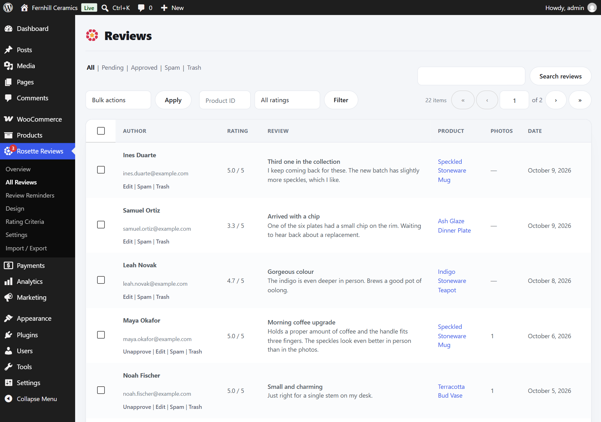 The Reviews list in wp-admin with All, Pending, Approved, Spam and Trash views, a search box, bulk actions, a rating filter, and rows showing author, rating out of 5, review title and text, product, photo count and date, with Unapprove, Edit, Spam and Trash links.