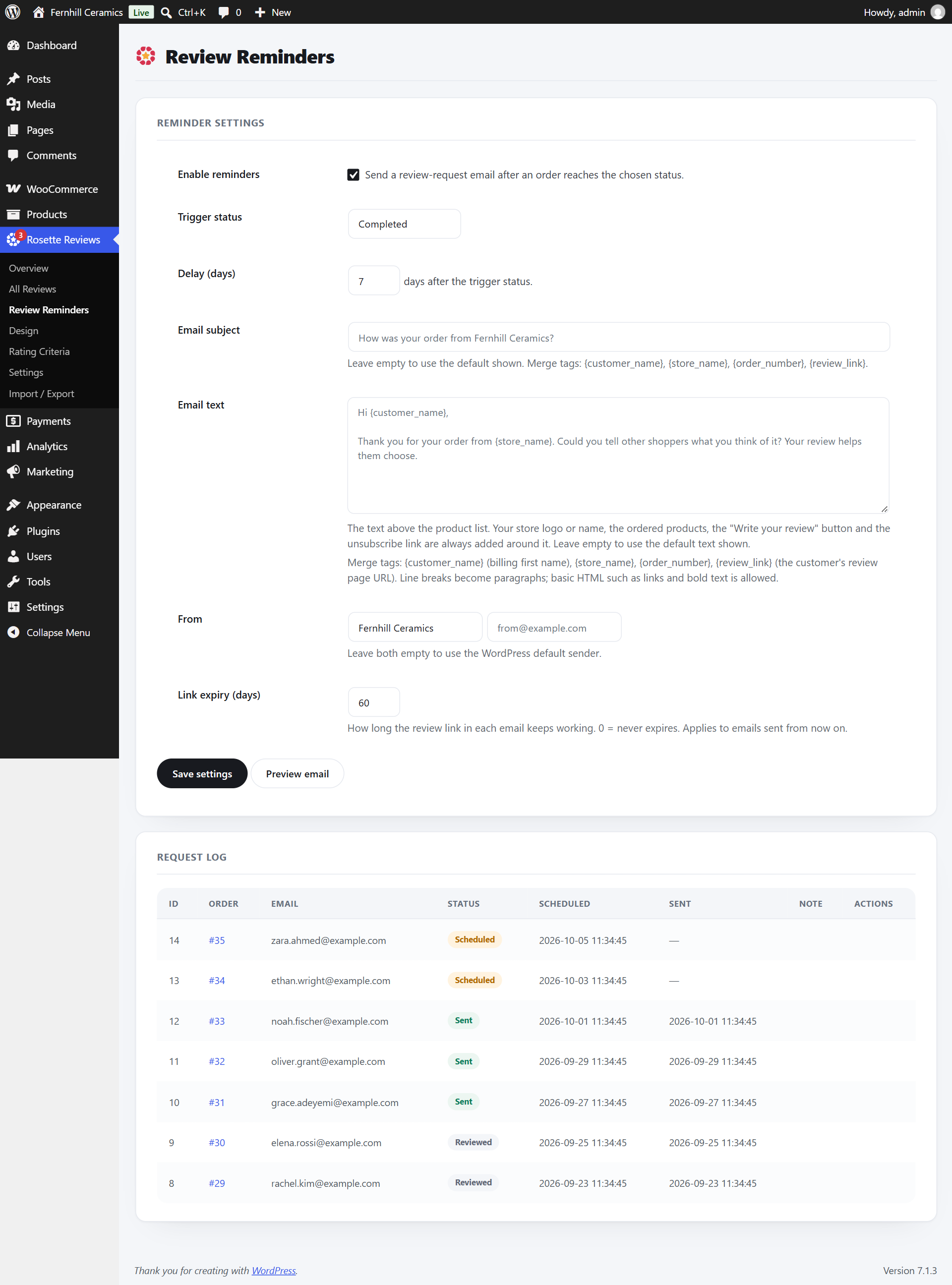 The Review Reminders screen in wp-admin: enable reminders checkbox, trigger status set to Completed, delay of 7 days, email subject and text fields with merge tags, sender name and address, link expiry of 60 days, and a request log listing orders with Scheduled, Sent and Reviewed statuses.