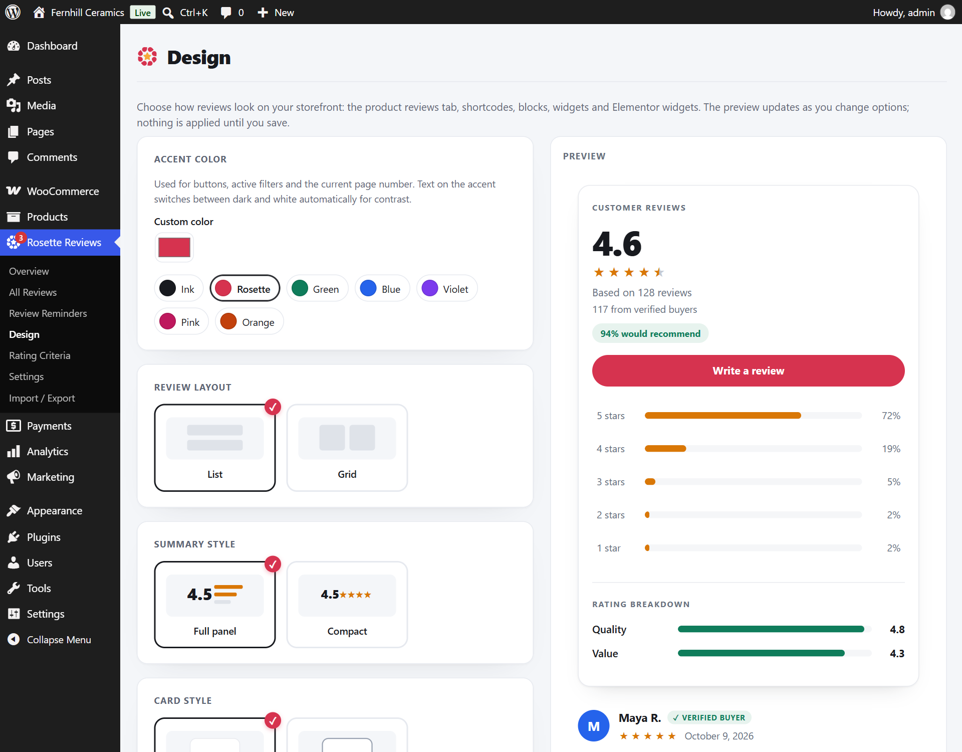 The Design screen in wp-admin: accent colour swatches with the rose brand swatch selected, review layout List or Grid, summary style Full panel or Compact, card style options, and a live preview on the right showing a 4.6 average from 128 reviews, a Write a review button, star distribution bars and Quality and Value criteria bars.
